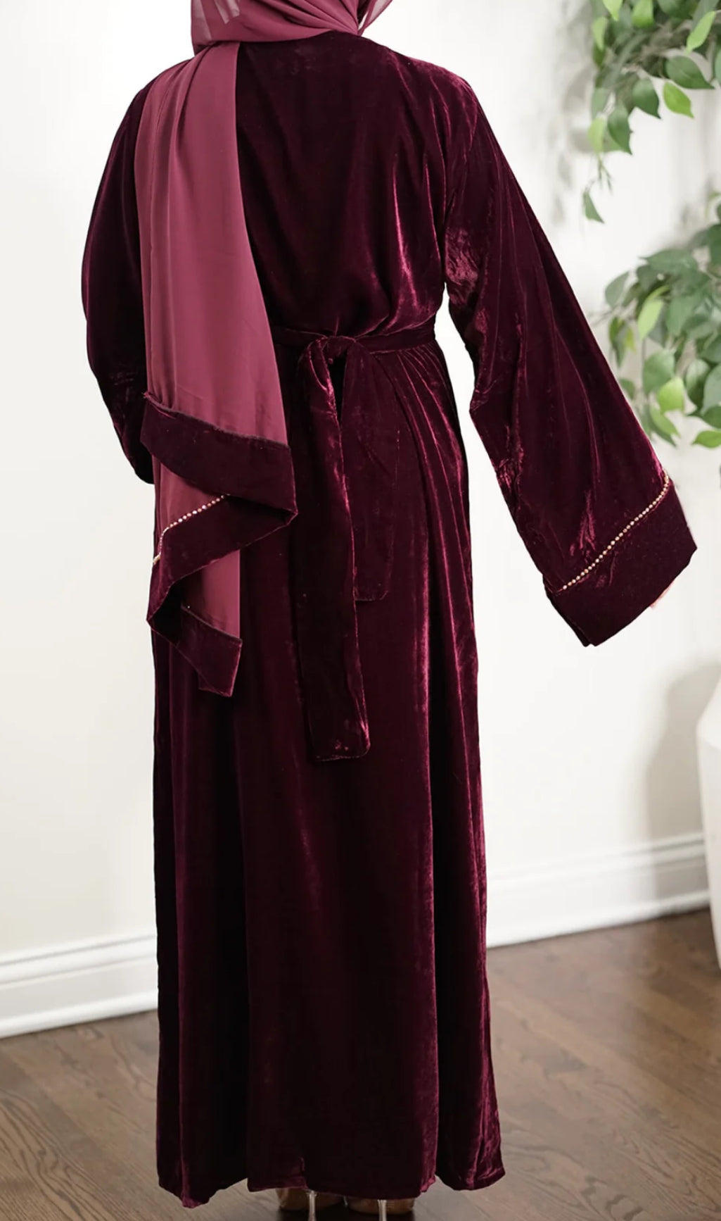 Wine maroon 3 pc set Embellished beaded velvet Abaya (A6)