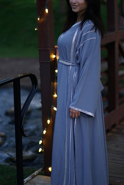 4 PIECE EMBELLISHED OPEN ABAYA WITH BELT, HIJAB AND INNER DRESS