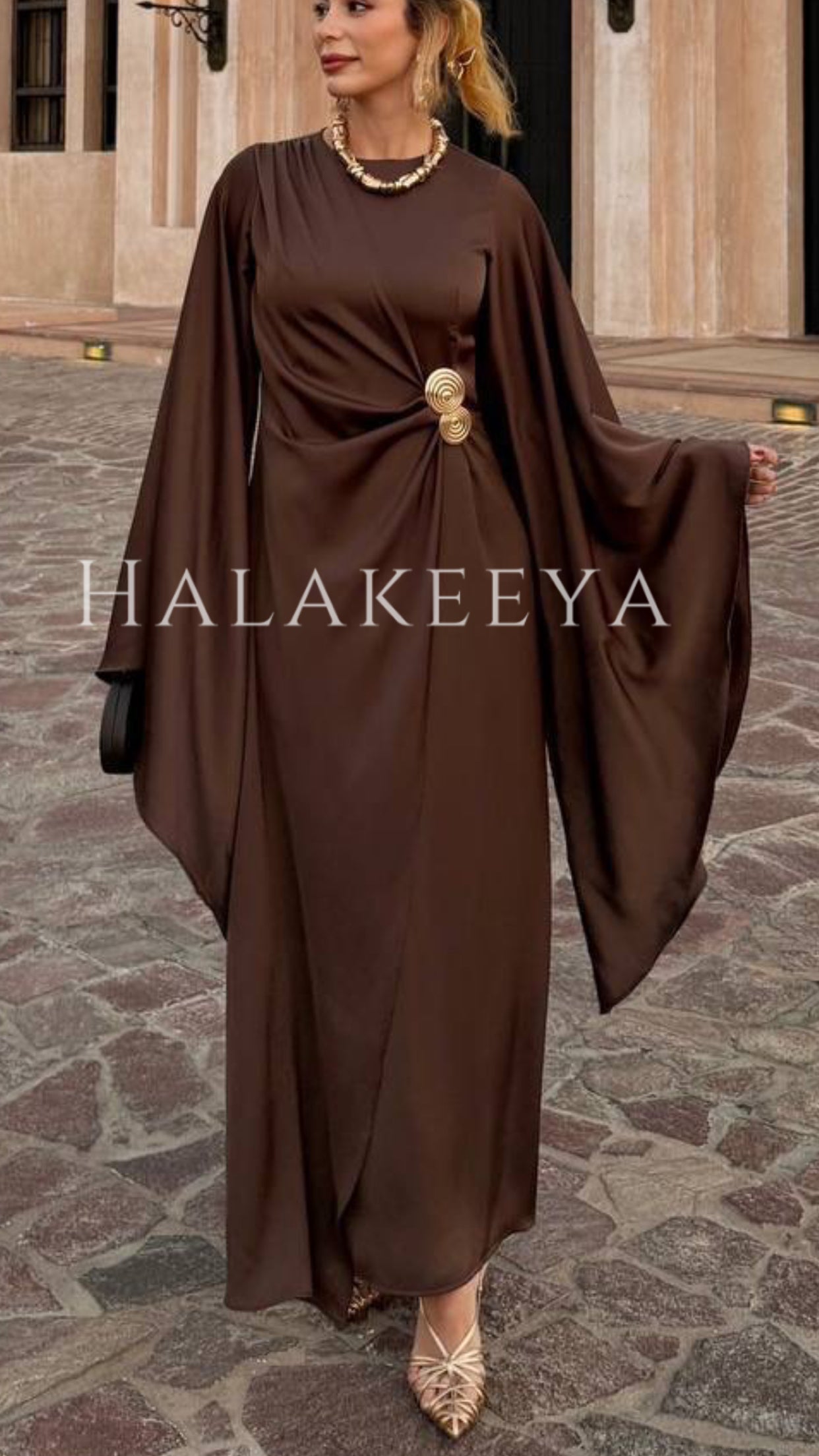 Elegant Satin Wide-Sleeve Maxi Dress