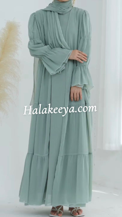 2-Piece Puff Sleeves Chiffon Abaya Set with Belt