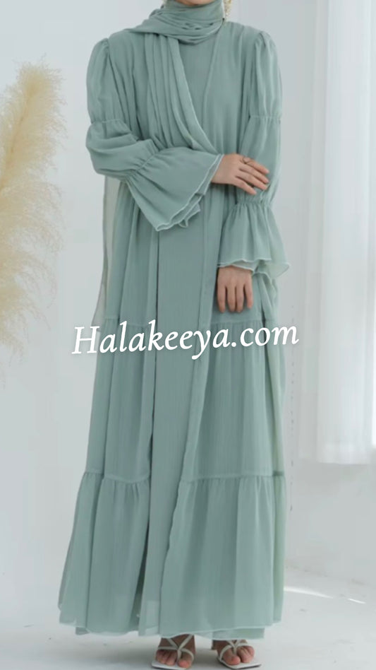 2-Piece Puff Sleeves Chiffon Abaya Set with Belt