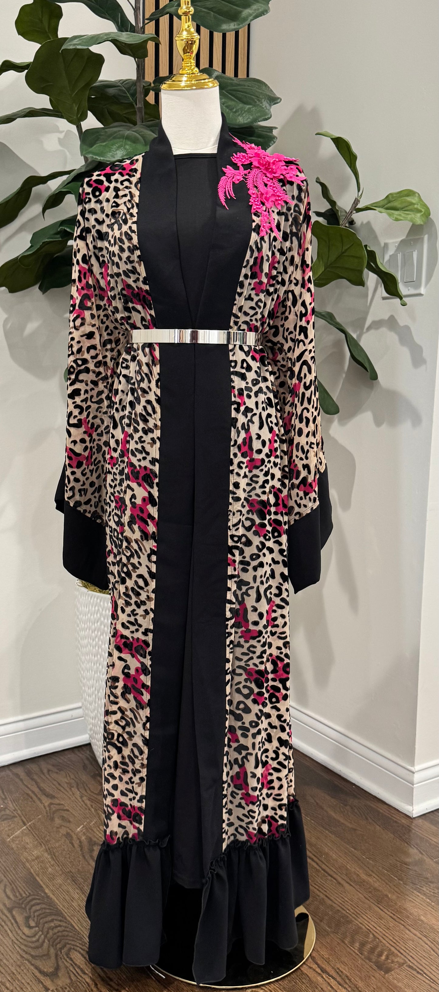 Leopard / Cheetah Tulle Velvet Prints Open Abaya