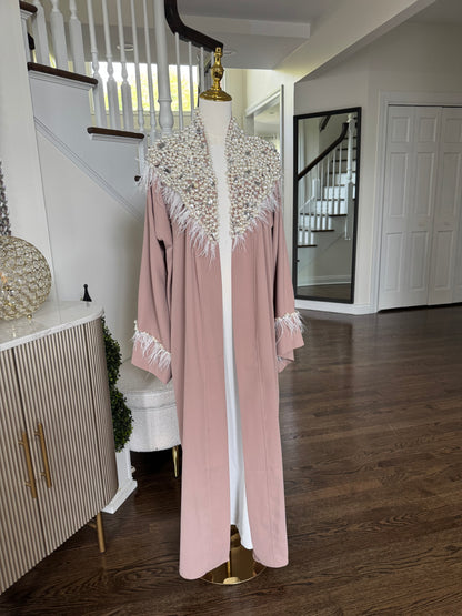 Pearls Mocha Handwork Beaded Open Abaya with Feather Detailing