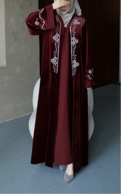 Velvet abaya Set with embroidered silver beads