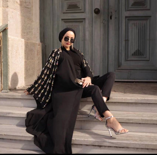 Black Embellished Open Abaya With Handwork  Multicolors Glass Beads On wide Sleeves