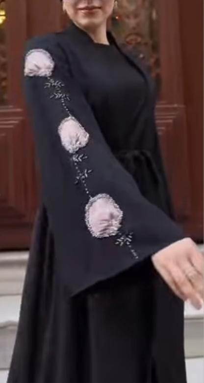 Black Embellished Organza Handwork Flower Abaya set