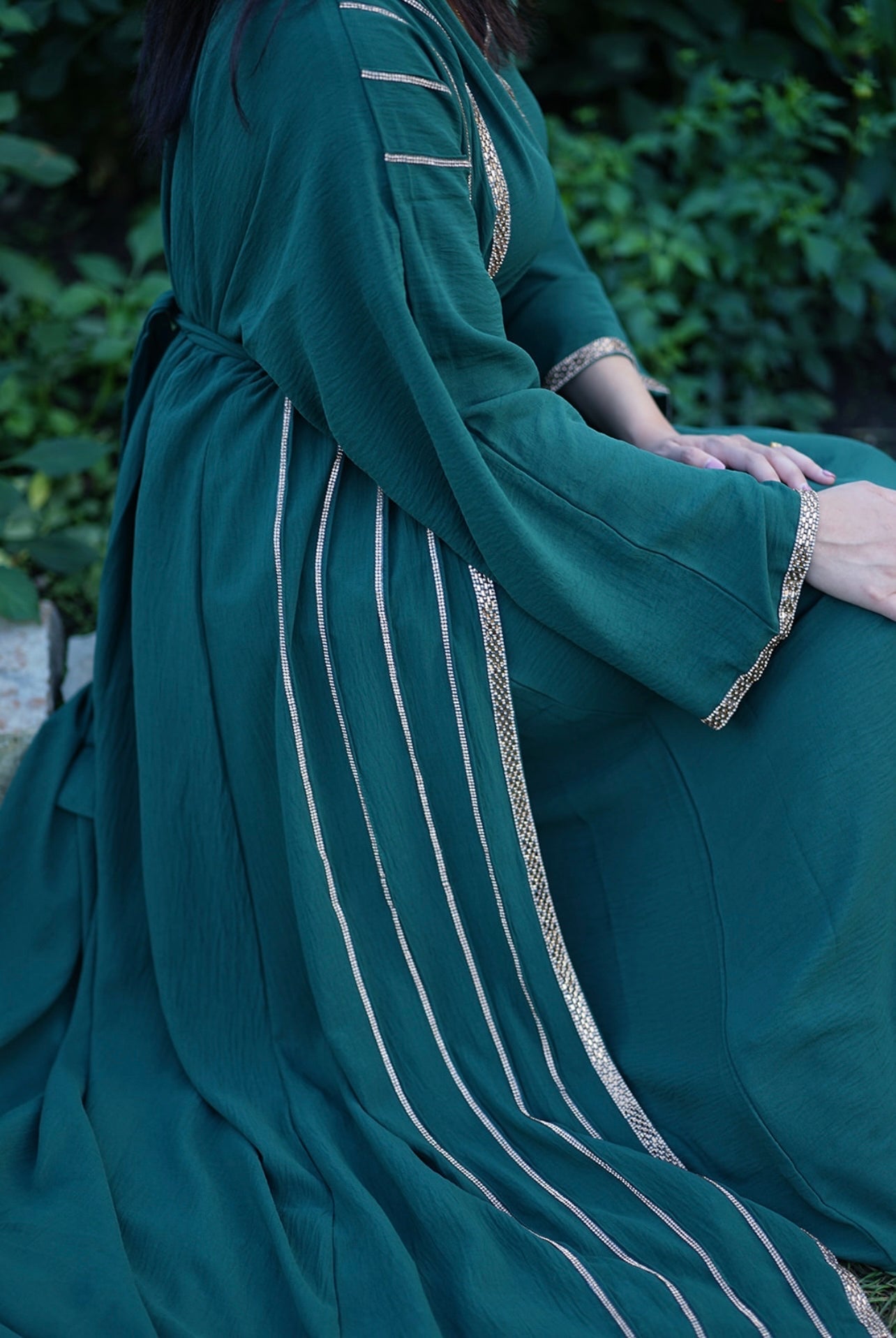 4 PIECE EMBELLISHED OPEN ABAYA WITH BELT, HIJAB AND INNER DRESS