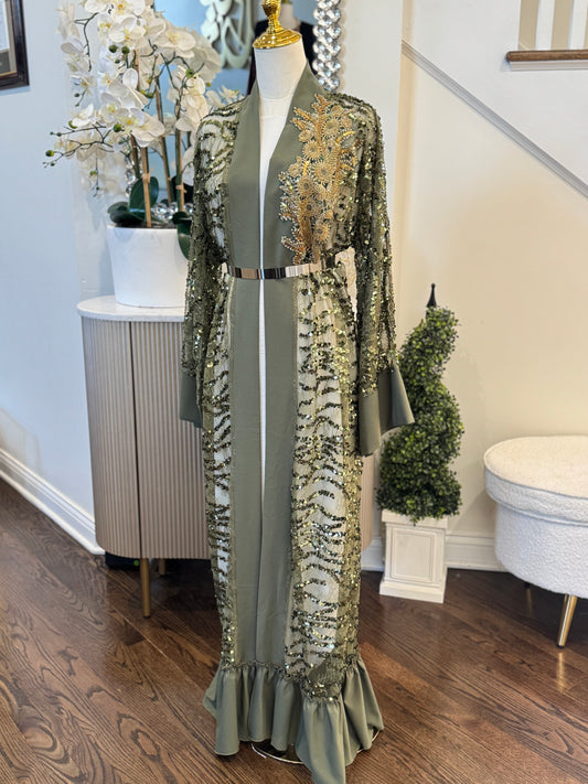 Golden Sequence Olive Elegance Ruffled Open Abaya