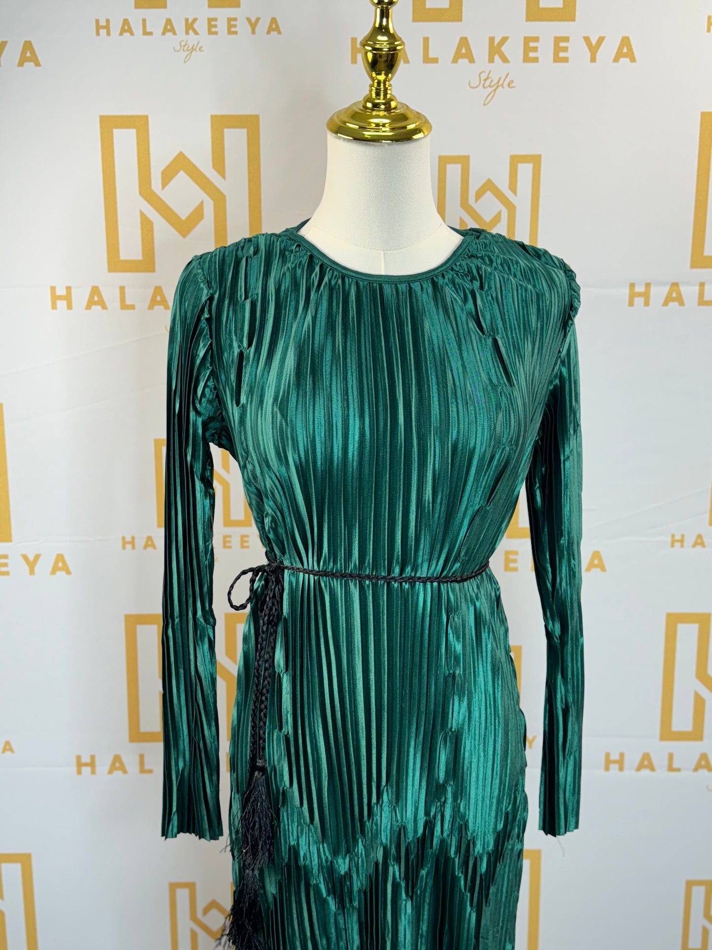 Long Sleeve Pleated Silk Maxi Belted Dress