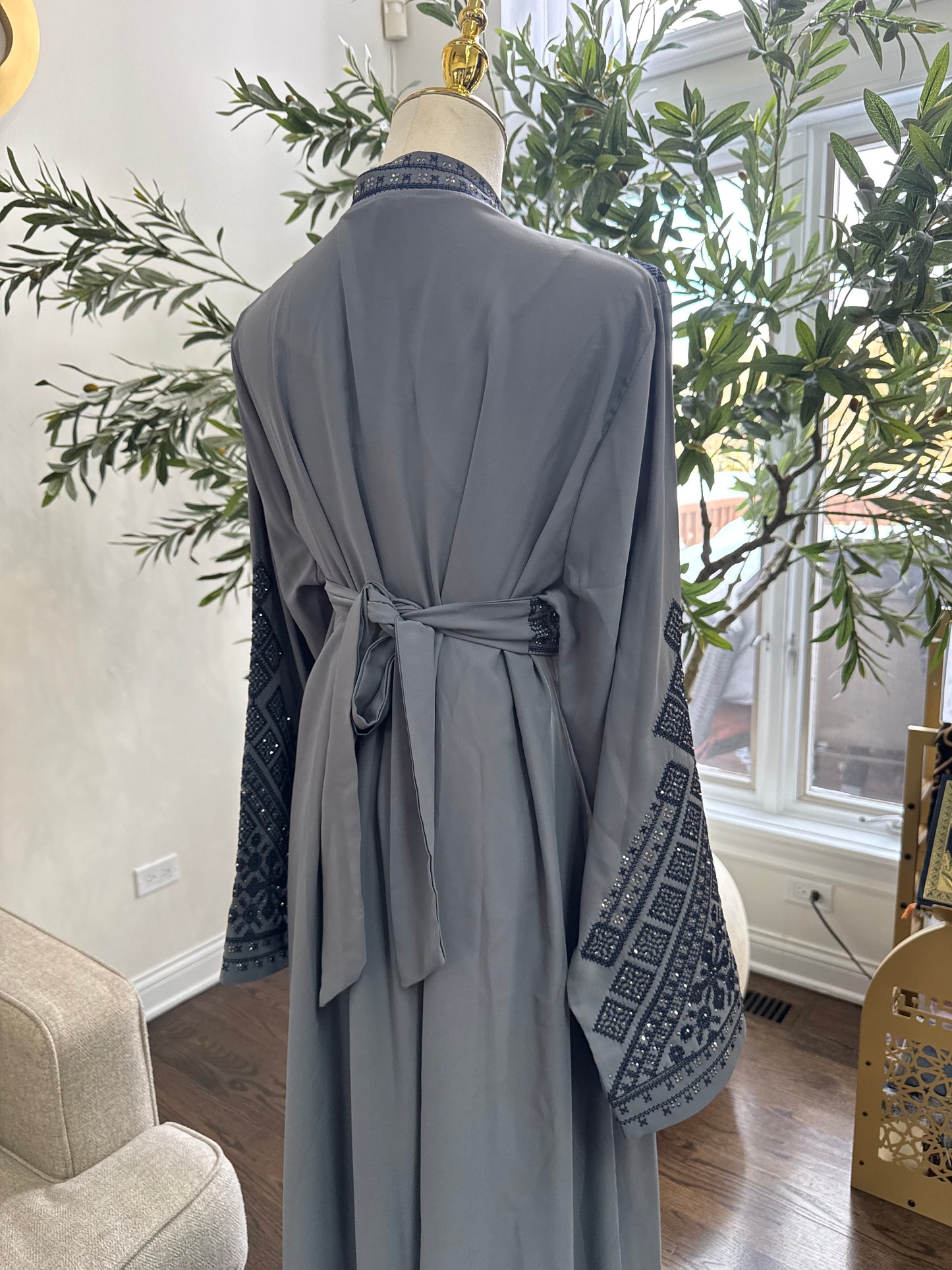 3 pcs Gray Satin Palestinian traditional Black embroidered tatreez open abaya Thobe