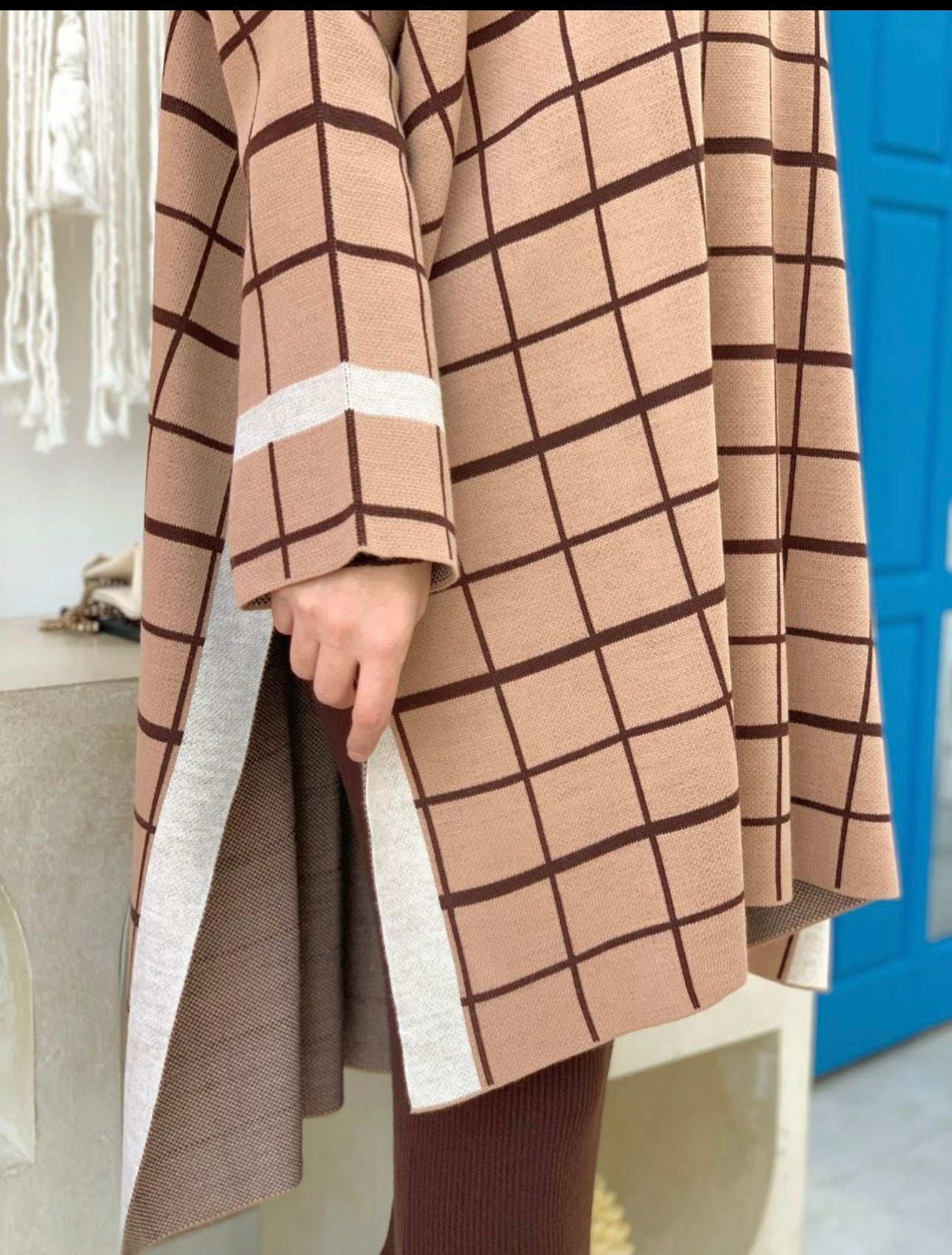 PLAID PATTERN Knitwear Open Slit Sweater Top