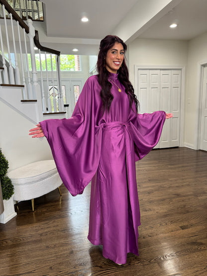 Satin Wide Sleeves Butterfly Waist Tie Wrap Skirt Set