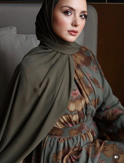 Olive Silk-Touch Bishop Sleeve Dress