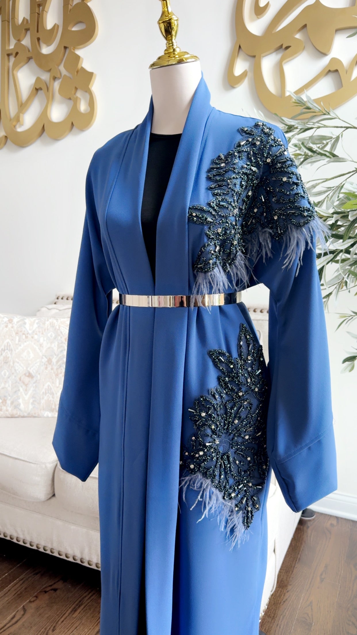 Royal blue Embroidered Embellished Feather Open Abaya
