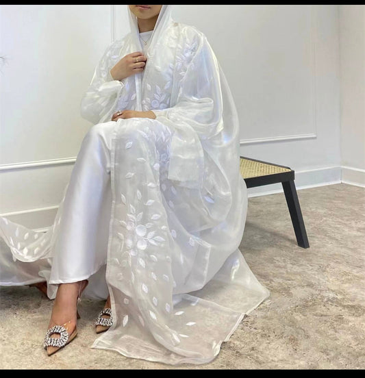 White Sheer Organza Embroidery Abaya