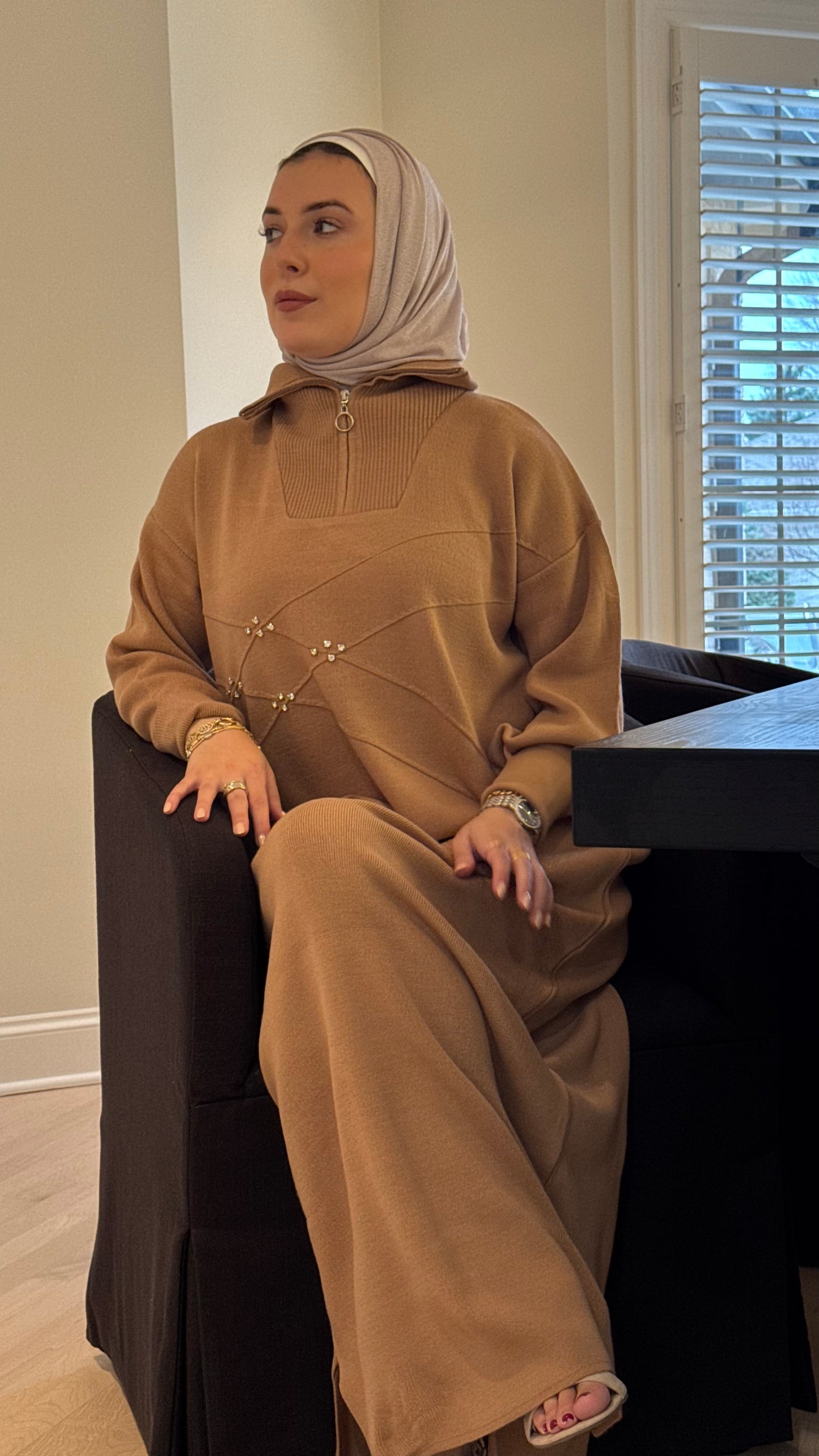 Chic Embellished Camel color Knit Maxi Relaxed Long Winter