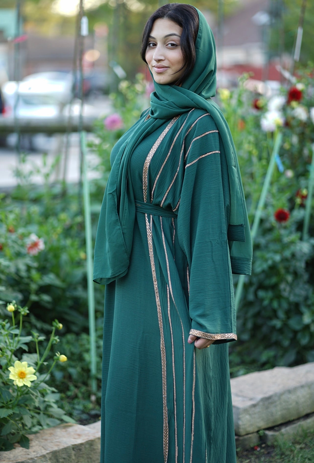 4 PIECE EMBELLISHED OPEN ABAYA WITH BELT, HIJAB AND INNER DRESS