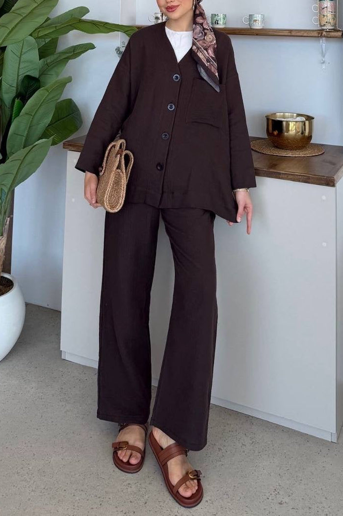 Textured Buttoned Pant Set
