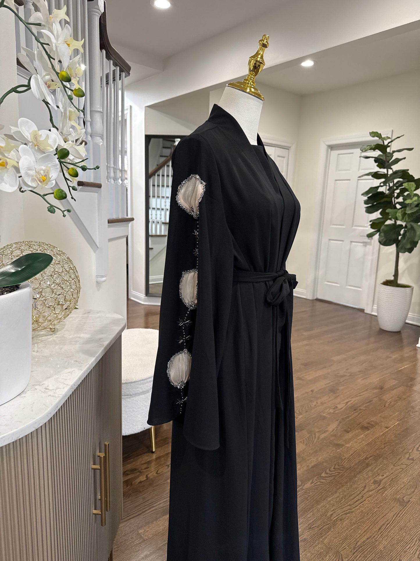 Black Embellished Organza Handwork Flower Abaya set