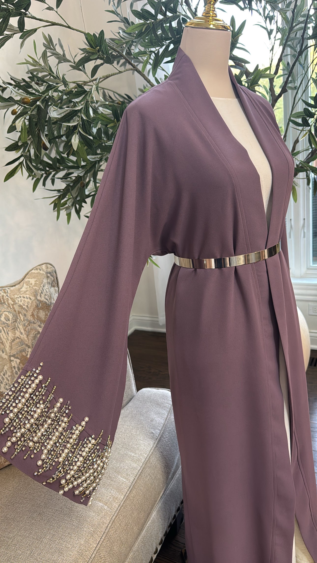 Lavander Pearl and Bead Open Abaya