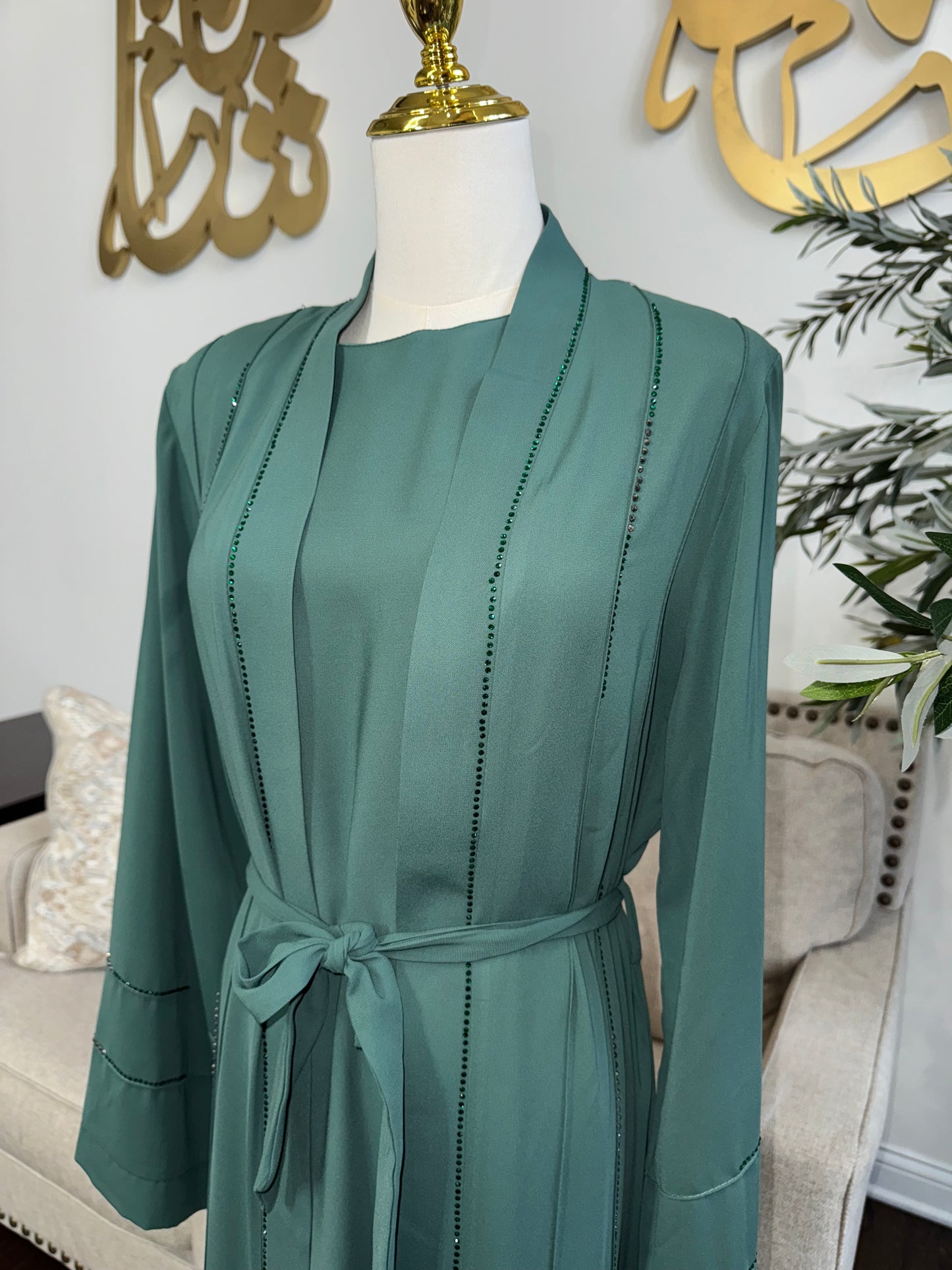 3 Pcs Elegant Rhinestone Embellished open Abaya with belt