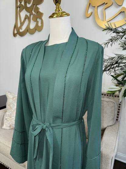 3 Pcs Elegant Rhinestone Embellished open Abaya with belt