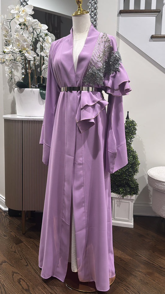 Elegant Ruffed Embellished lavander open abaya