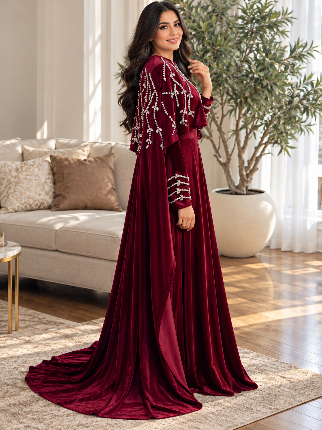 Royal Red Velvet Embroidered Cape Gown