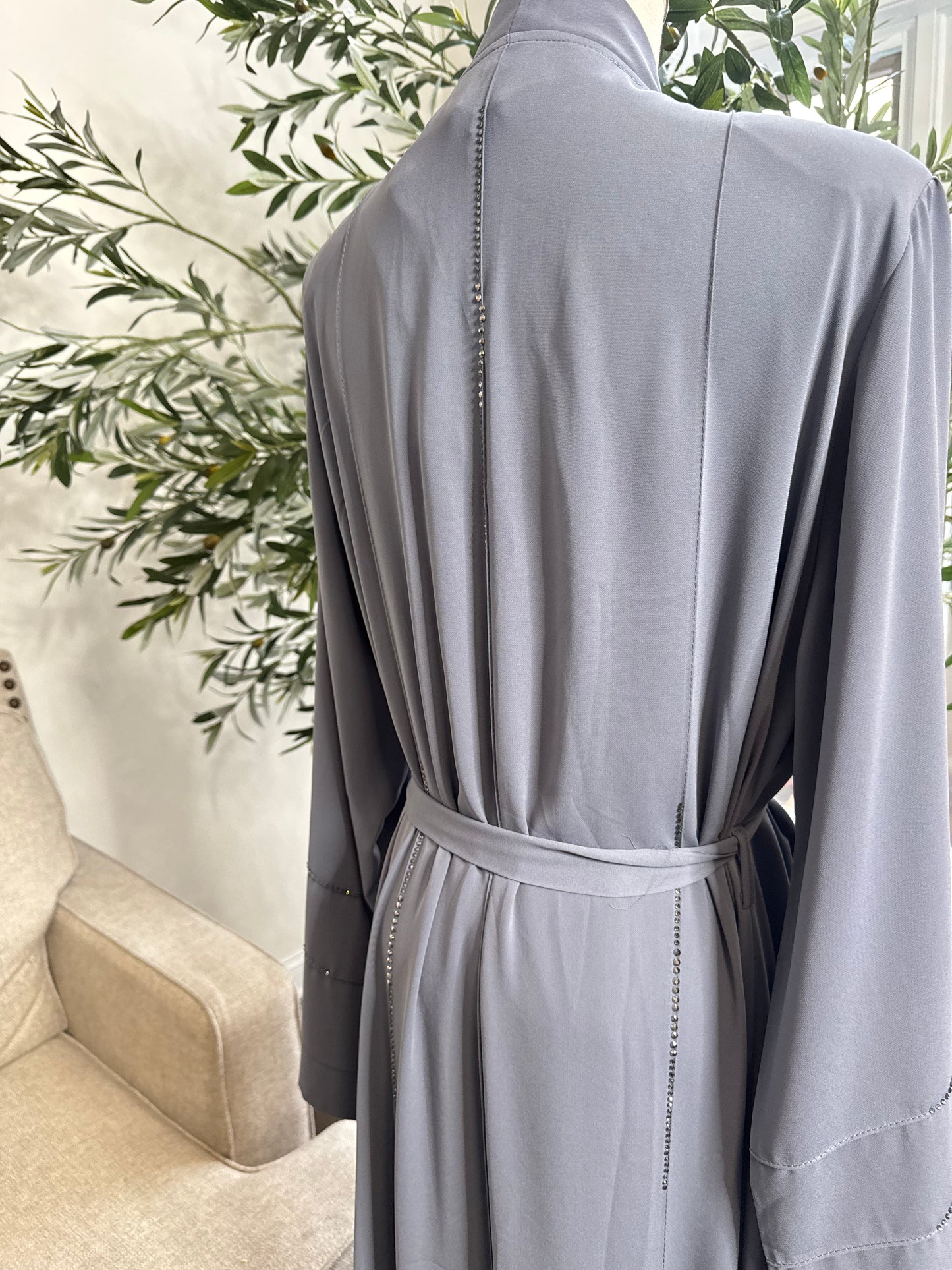 3 Pcs Elegant Rhinestone Embellished open Abaya with belt