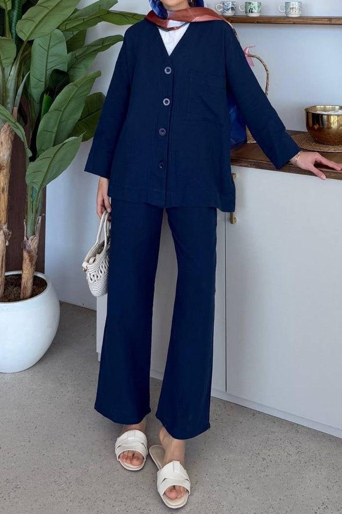 Textured Buttoned Pant Set