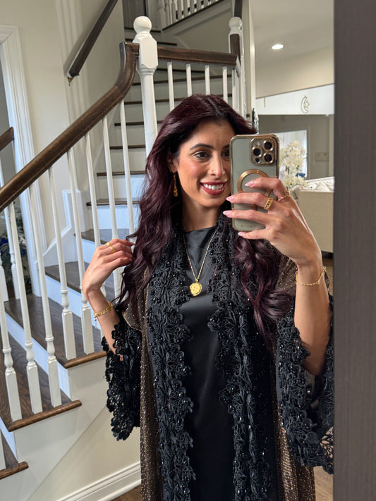 Midnight Lace Open Abaya with Stressed Detailing