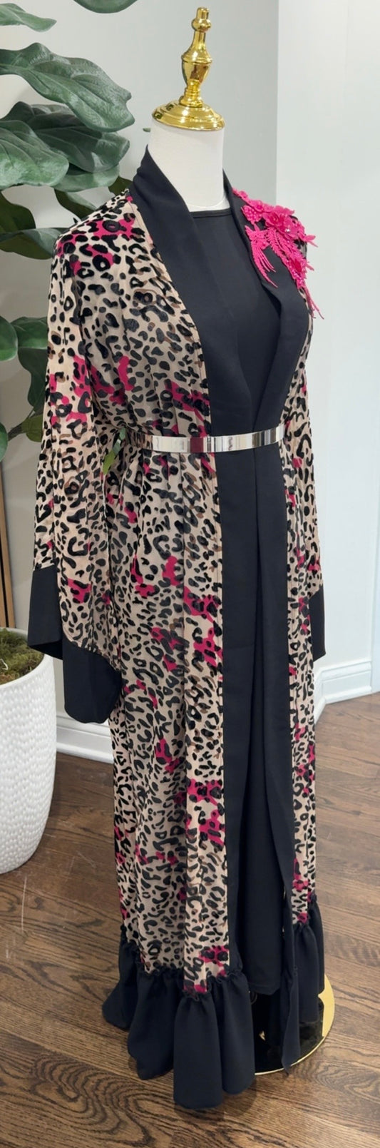Leopard / Cheetah Tulle Velvet Prints Open Abaya