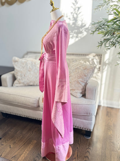 Pink Satin Embroidered Thobe Kaftan with Wide Sleeves
