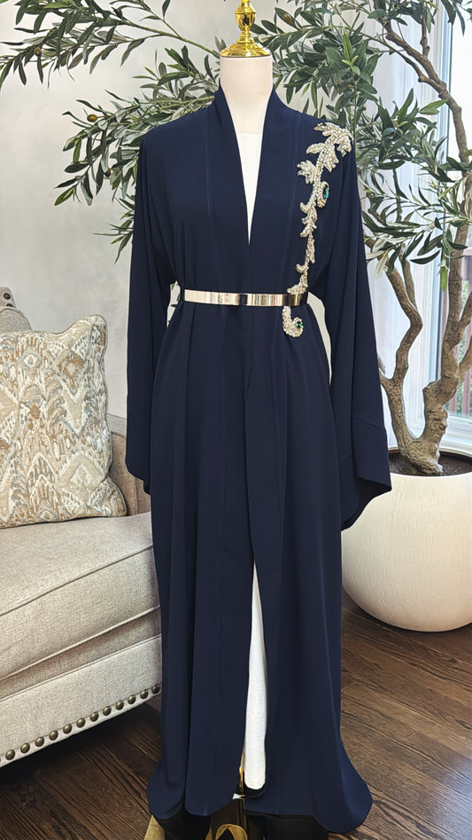 Navy Blue Embellished Bead Open Abaya