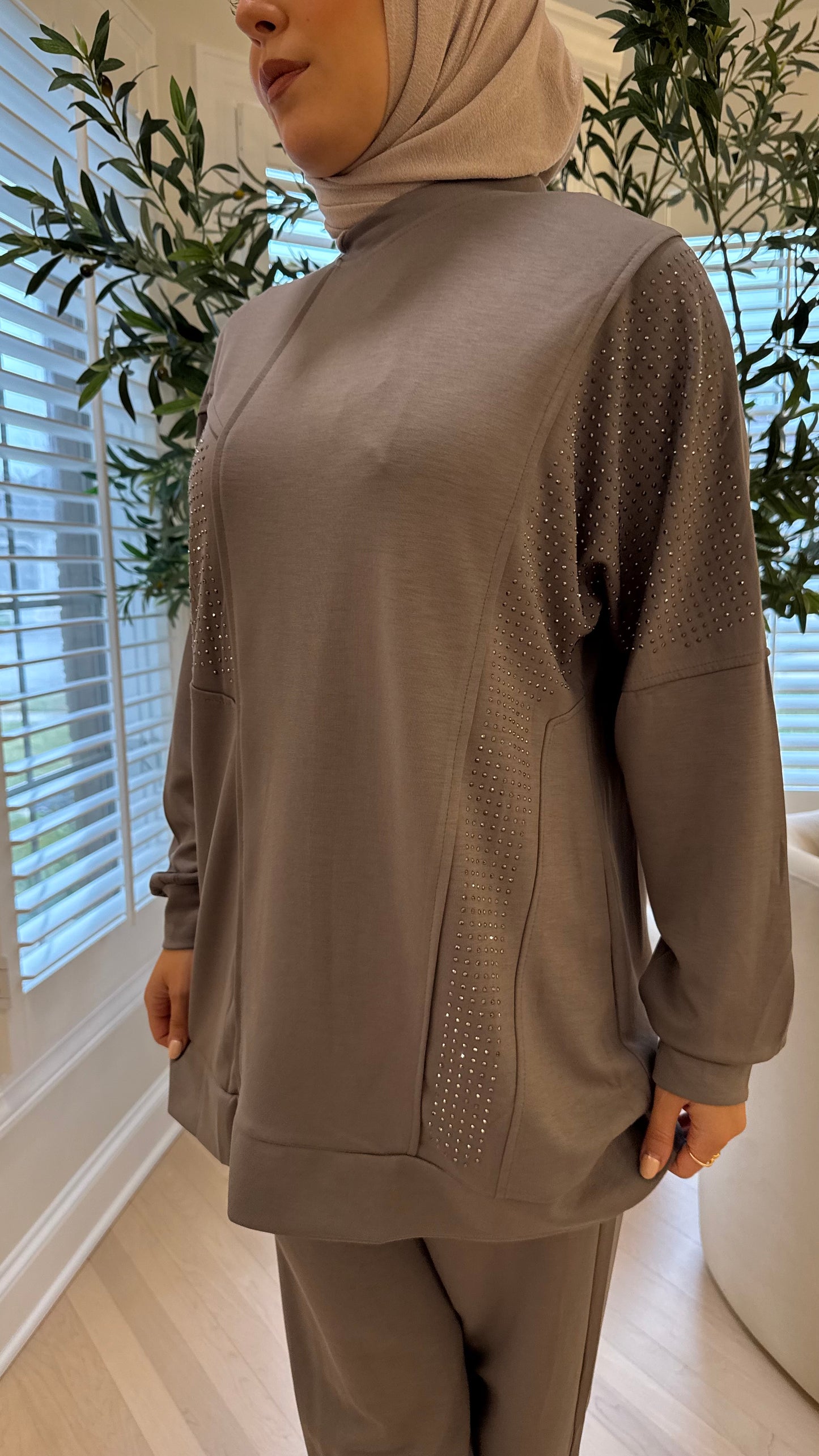 Everyday Modest Gray Two-Piece Set with Embellishments