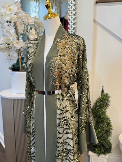 Golden Sequence Olive Elegance Ruffled Open Abaya
