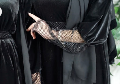 Black Velvet Embellished cuffed Abaya ( 4 pcs set)