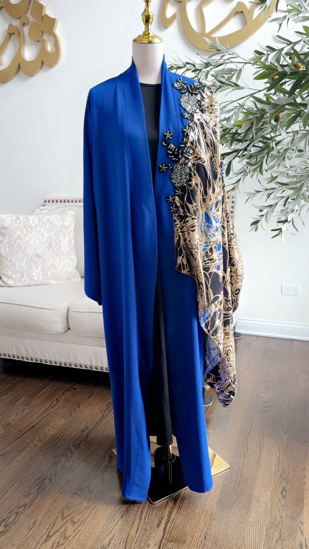 Navy blue Embroidered Embellished Draped shawl Open Abaya