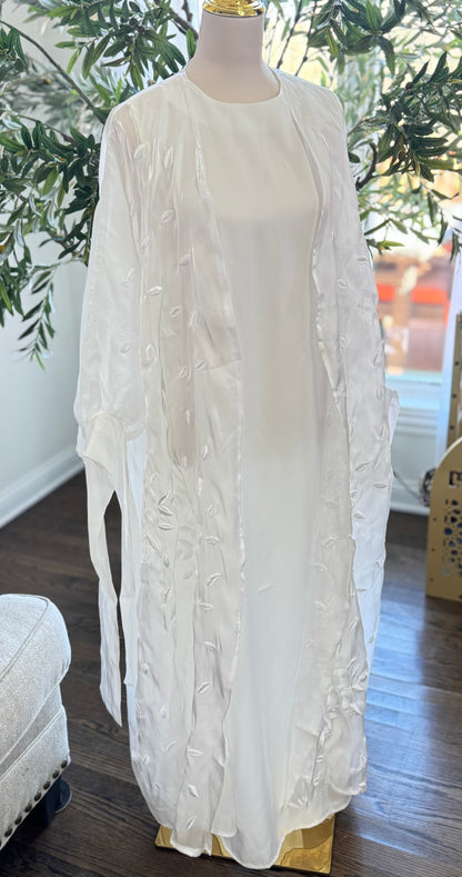 White Sheer Organza Embroidery Bridal Cardigan Open Abaya