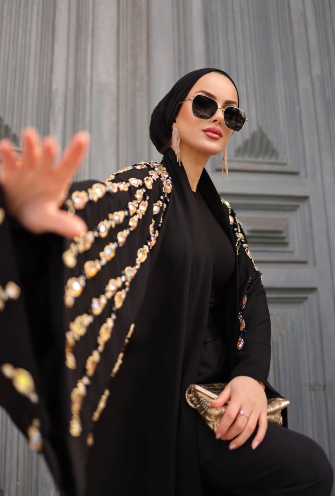 Embellished Open Abaya With Handwork  Multicolors Glass Beads On wide Sleeves