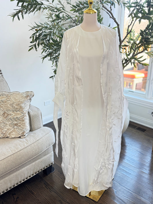 White Sheer Organza Embroidery Bridal Cardigan Open Abaya