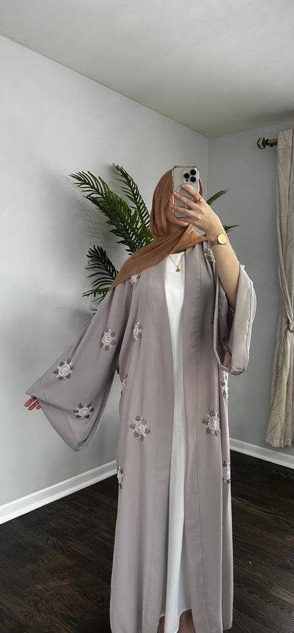 Embellished Handwork Beaded Gray Open Abaya Wide Sleeves