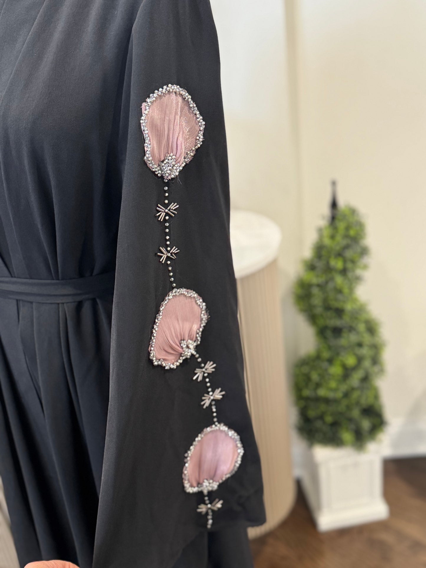 Black Embellished Organza Handwork Flower Abaya set