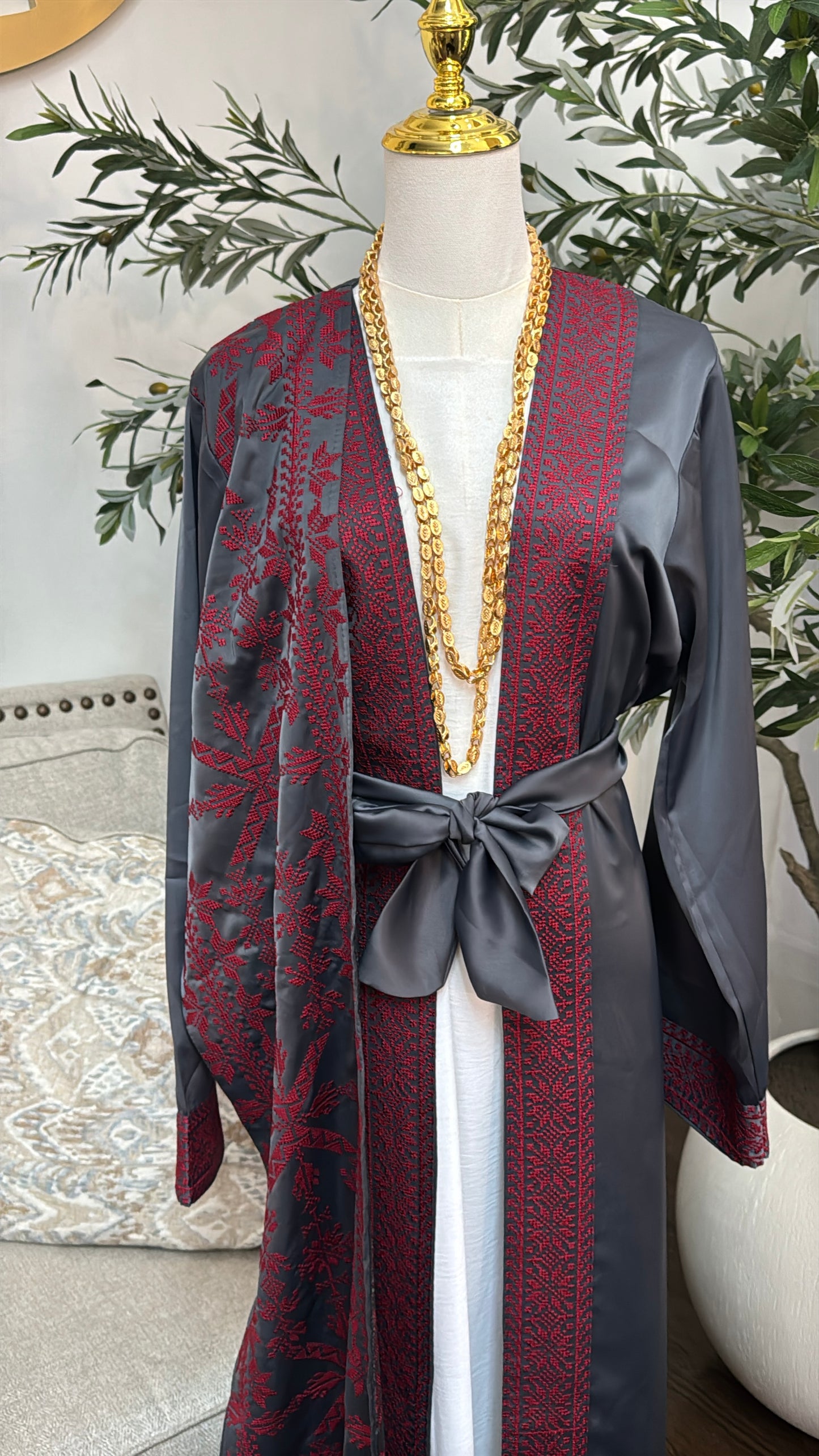 Luxury Charcoal Abaya with Red Embroidery Tatreez Thobe