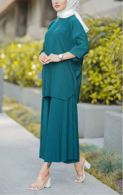 2 pcs Pleated wide casual solid color pants set