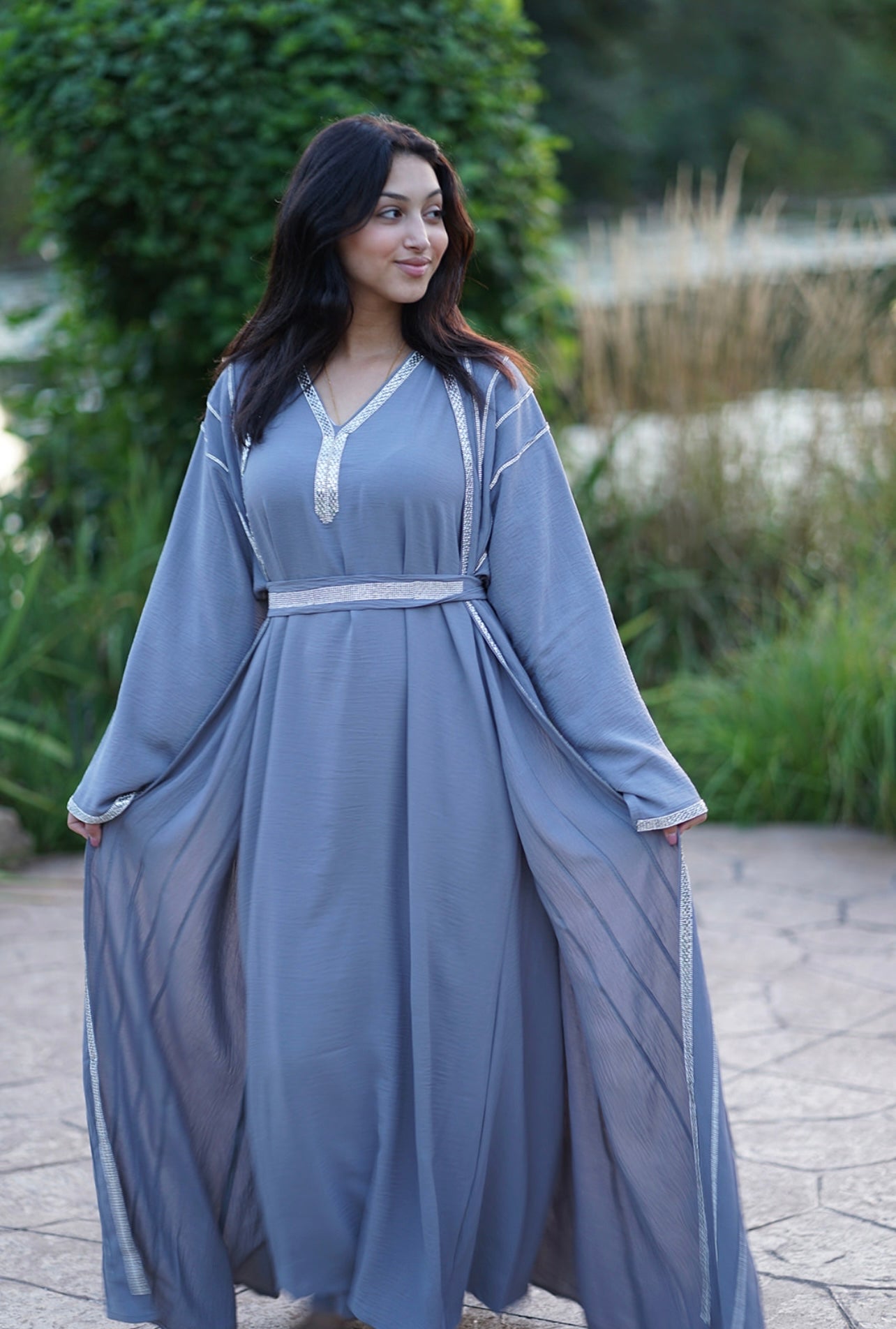 4 PIECE EMBELLISHED OPEN ABAYA WITH BELT, HIJAB AND INNER DRESS