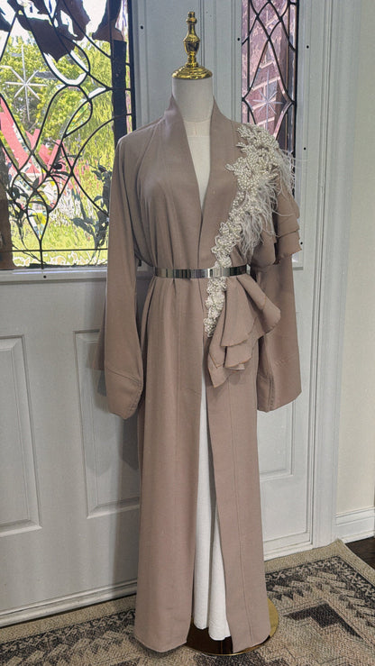 Elegant Ruffed Embellished Taupe open abaya