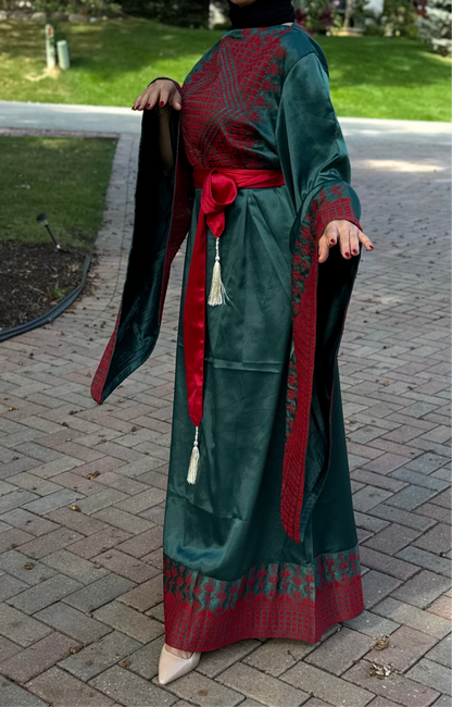 Green Satin Embroidered Thobe with Wide Sleeves