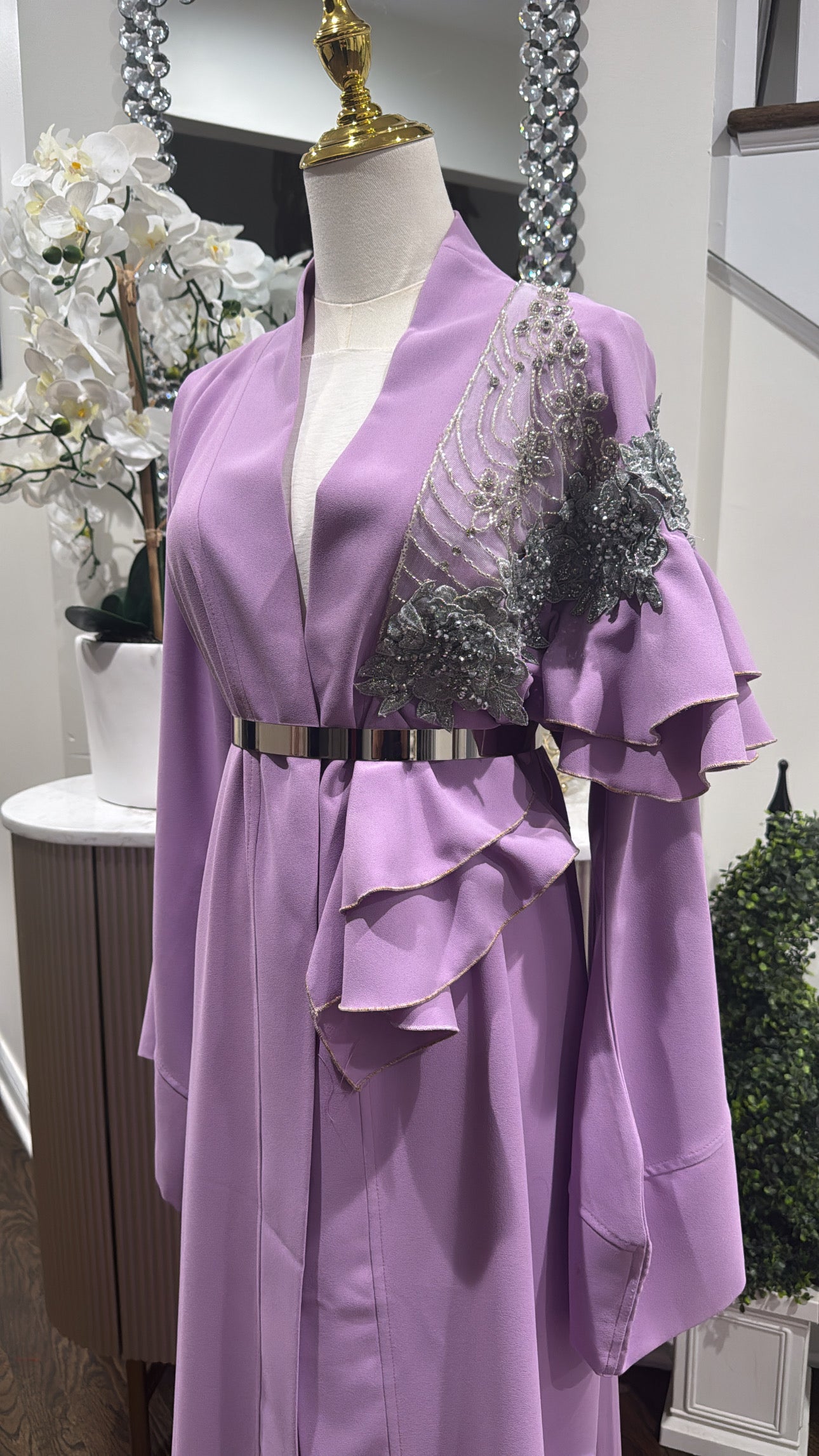 Elegant Ruffed Embellished lavander open abaya