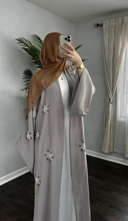 Embellished Handwork Beaded Gray Open Abaya Wide Sleeves